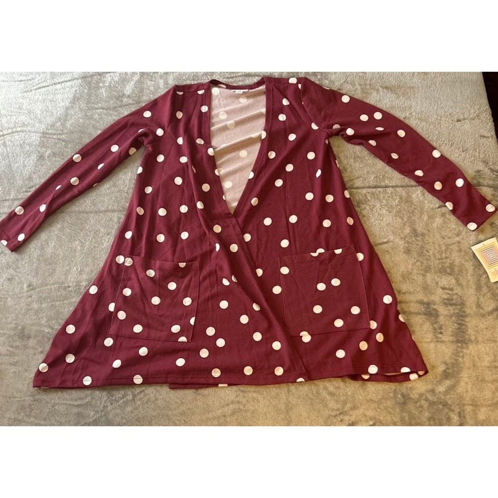 LuLaRoe‎ Duster Cardigan Pockets Polka Dot Burgundy Open Front Slinky NWT